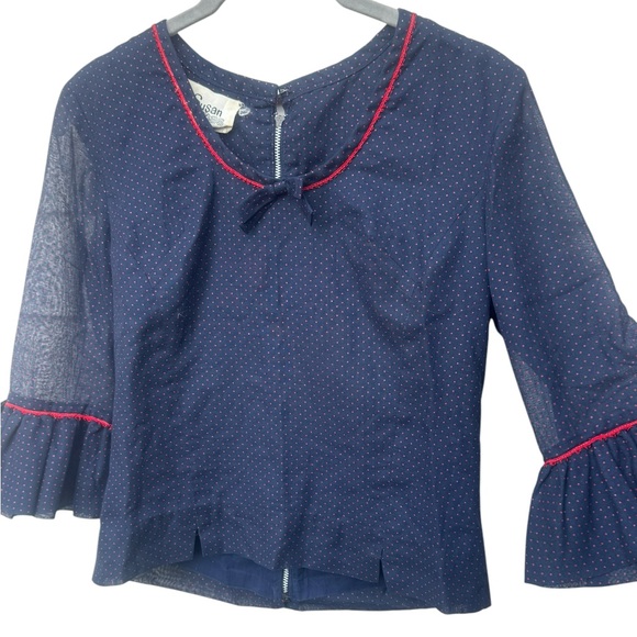 Vintage Susan Thomas Blouse Navy with Red Polka Dots - Picture 5 of 9